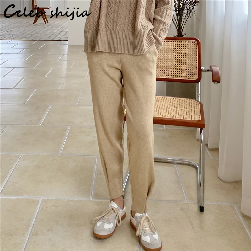 

Khaki Woolen Knitted Pants Women Autumn 2023 High Waisted Chic Knit Harm Office Ladies Streetwear Vintage Bottoms Pantalones