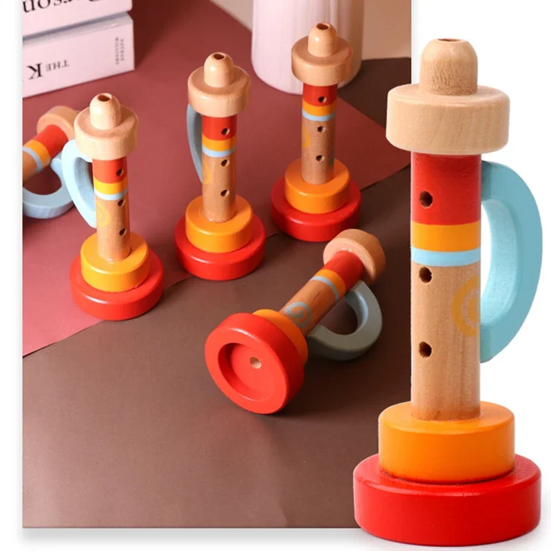 Solid Wood Children's Horn /Trumpet Orff Musical Instrument Parent-child Toys Speaker Gift for Infant Early Education
