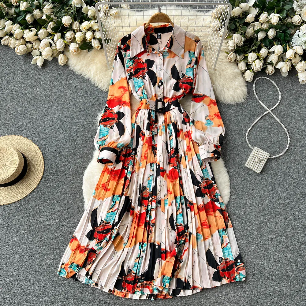 

Korean Version of the French Retro New Print Lapel Loose Long-sleeved Dress Women's Knee-length Pleated Dress