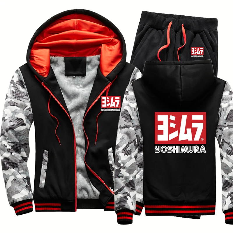 

Autumn Winter Men's Suit Yoshimura Japan Print Warm Cotton Fleece Wool Zipper Coat Camouflage Thick Jacket+Warm Pants Set