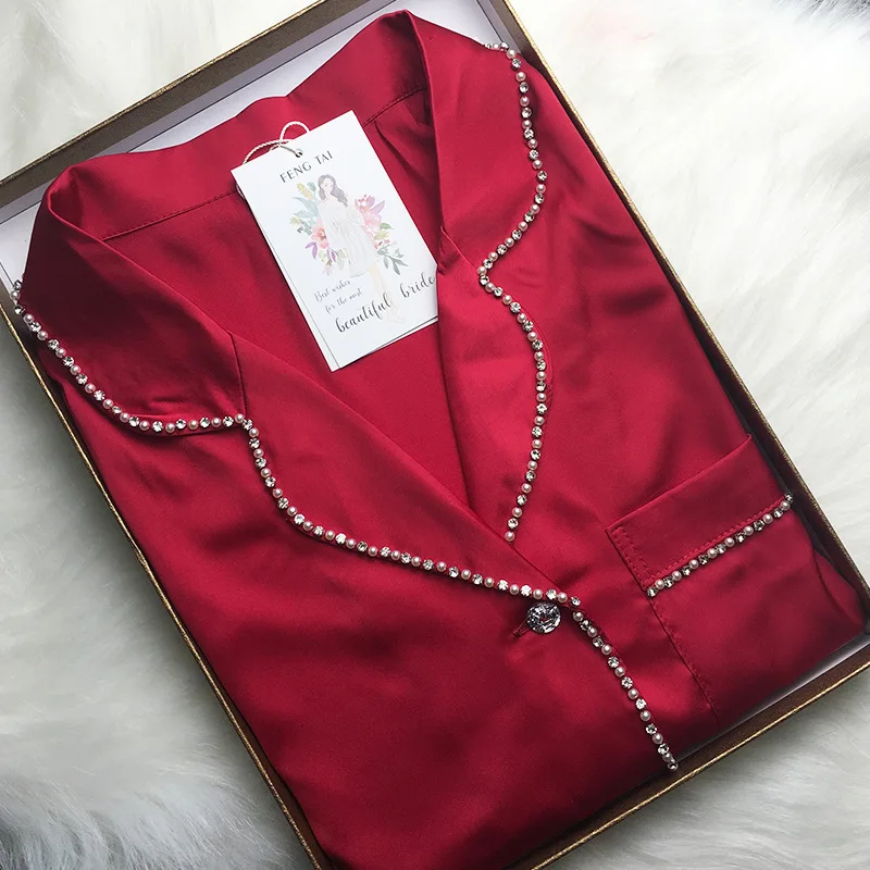 Women's Silk-encrusted Diamond-trimmed Long-sleeved Long Pants Pajama Set Wear Home Suit Silk Pajamas Sexy Pajamas