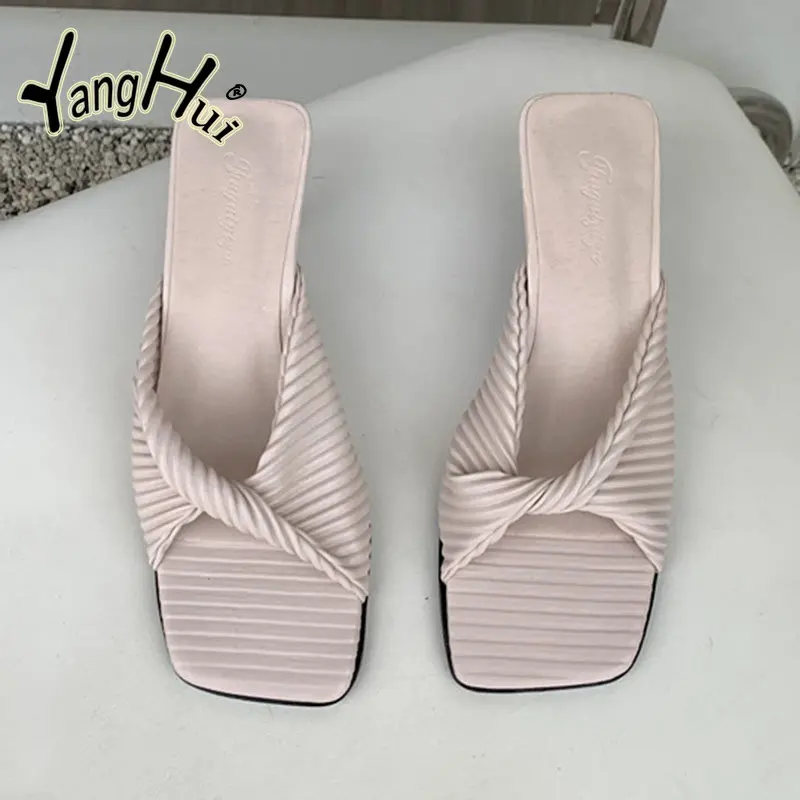 

Korean Style Fine High-heeled Shoes Modern Slippers 2023 Fashion Solid Color Simple Women Sandals Anti-slip Square Head Summer