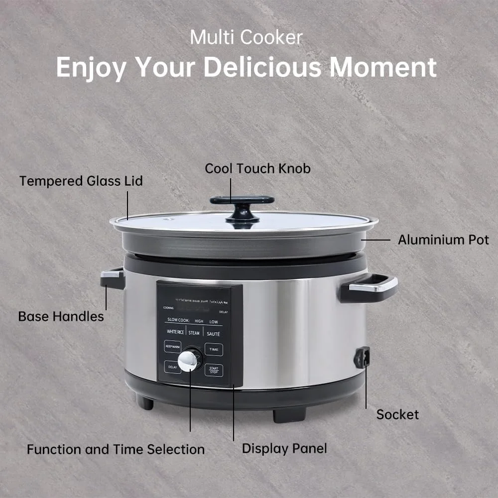 Slow Cooker 5.5QT Timer Non Stick Aluminum Alloy Liner Preset and Delay Function