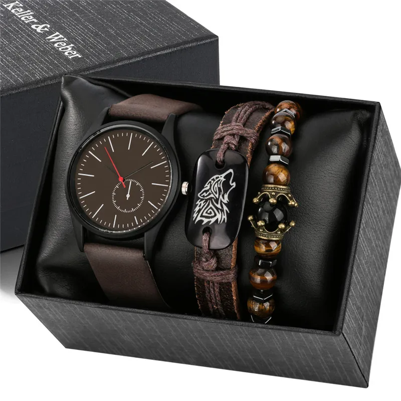 

Minimalist Design Watch Bracelet Set Men's Leather Band Quartz Analog Wrist Watches with Fashion Bracelet Accessory Gift Set