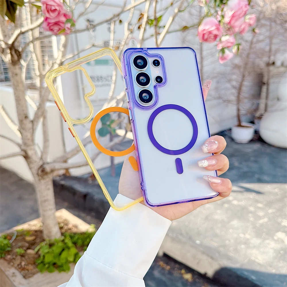 Transparent Magnetic Shockproof Phone Case with Wireless Charging - Candy Color Cover
