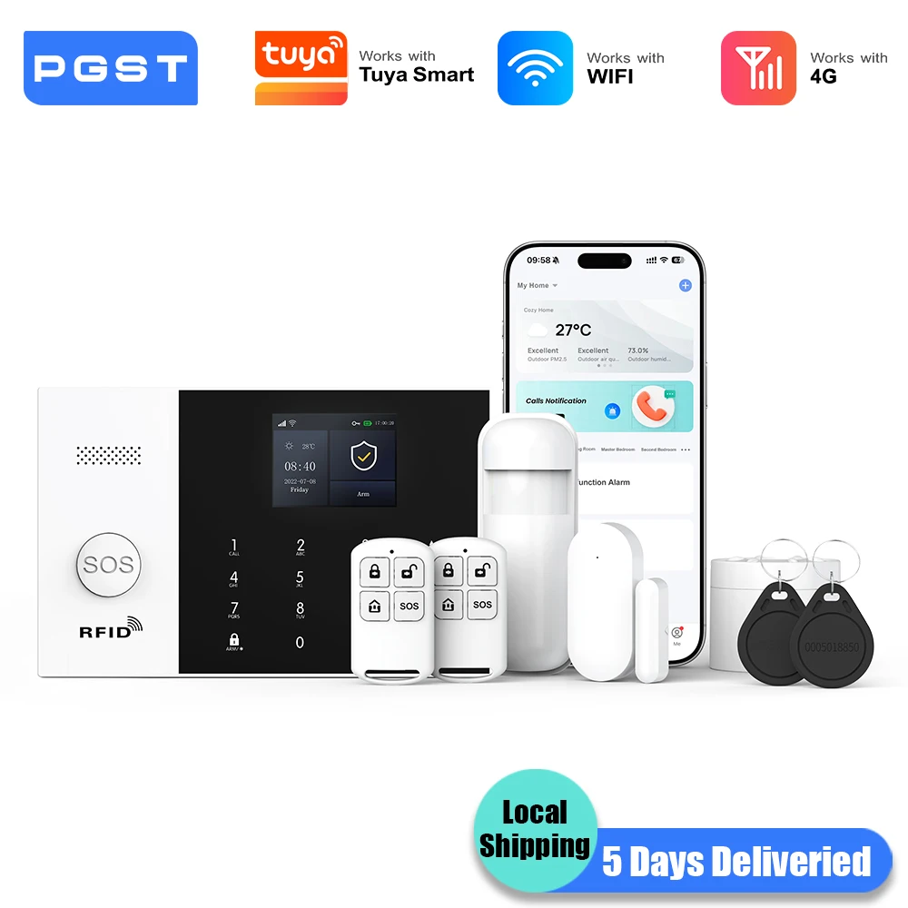 PGST système alarme anti vol WiFi 4G Works with Tuya Smart Life pack sécurité sans fil intelligent protection domicile local commercial capteurs porte fenêtre surveillance à distance par téléphone 1
