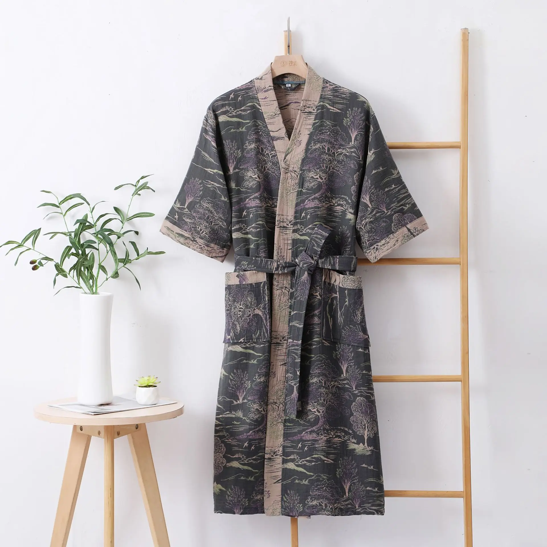 cotton bathrobe spring and summer thin cotton double-layer gauze bathrobe for couples pajamas