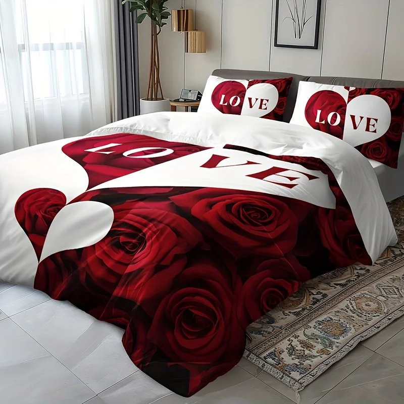 Love Rose Letter Print Duvet Cover Set - Romantic Red & White Design with 1 Duvet Cover + 2 Pillowcases, High-Definition Print