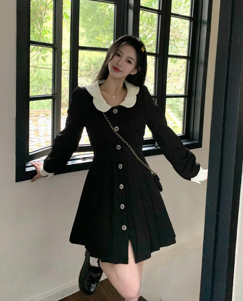 

Korean Version of the Doll Collar Elegant Long-sleeved Women's Dress Temperament Thin Simple New Jacket Dresses Luxury Designer