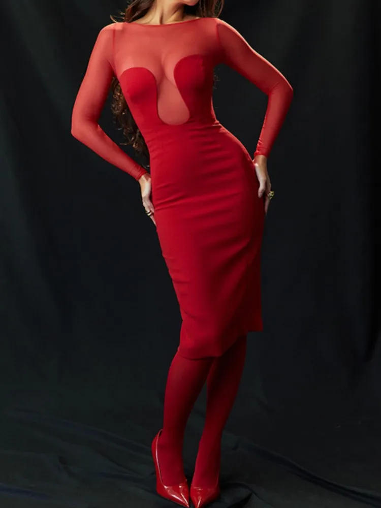 

RDMQ 2024 Patchwork Sexy See Through Mesh Women Maxi Dress Red Long Sleeve Evening Dress Winter Skinny Elegant Party Clubwear