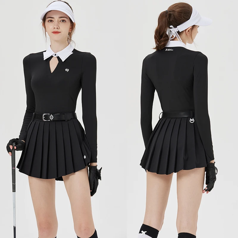 

Blktee Women Golf Short Skirt Pleated High-Waisted Skorts Ladies Elastic Hollow Out Collar Shirt Slim Long Sleeve OL Tops S-XXL