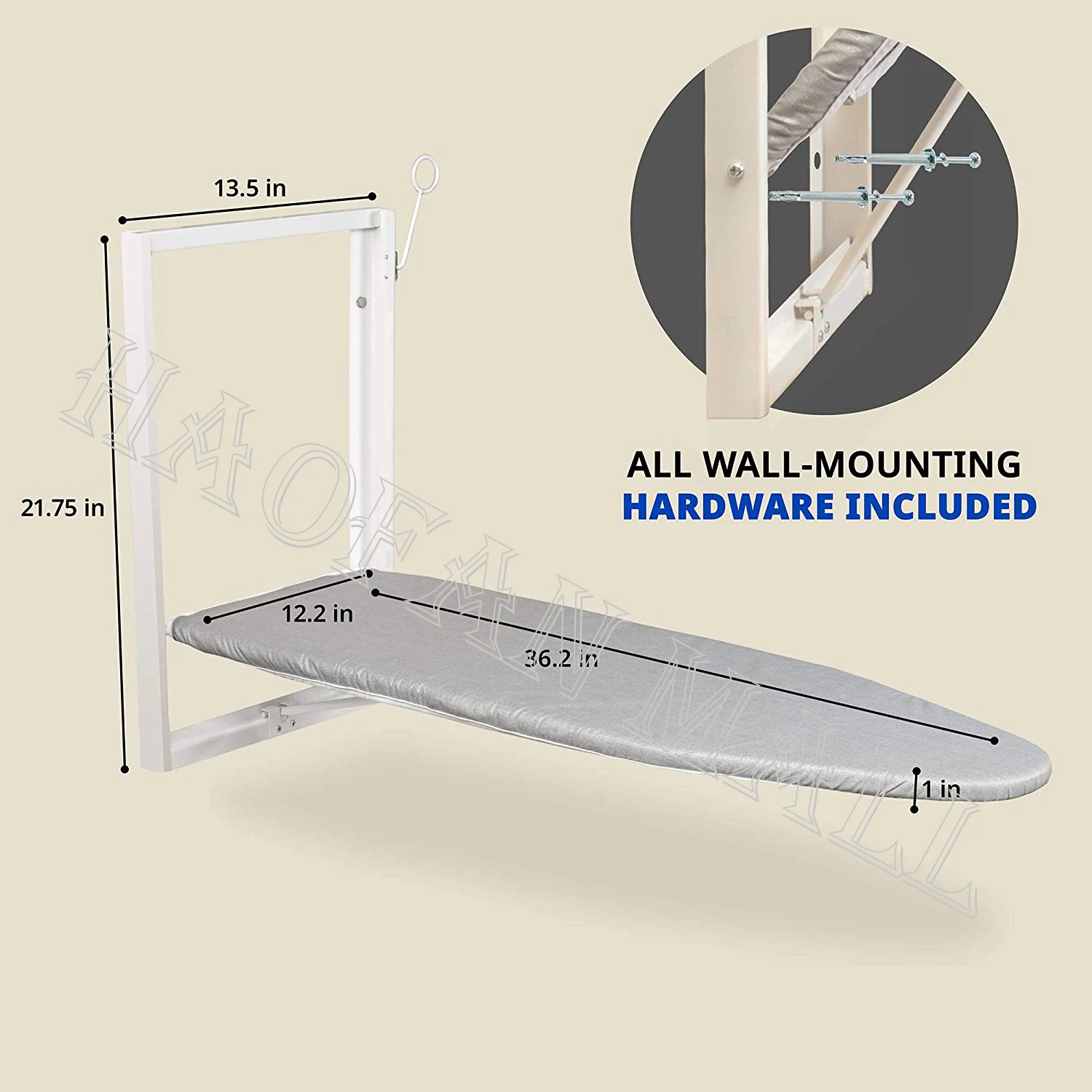 Wall Mounted Ironing Board 36.2" X 12.2" Compact Mount Fold Down Ironing Board for Small Spaces Space Saving with Cotton Fab