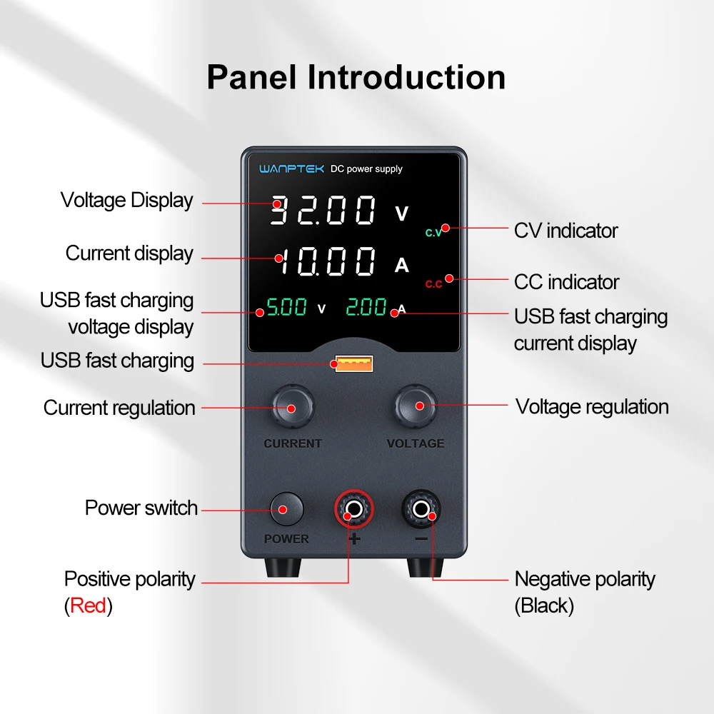 Wanptek DC 전원 공급 장치, 조정 가능한 USB 디지털 디스플레이, 실험실 전원 공급 장치, 전압 조정기, 금속 양극산화 처리, 30V, 10A, 60V, 5A, 120V, 3A