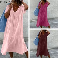 PRINTKAOIR 2026 Summer Women's Round Neck Short Sleeve Cotton Linen Dress Casual Comfortable Mid-Length Dress S-3XL