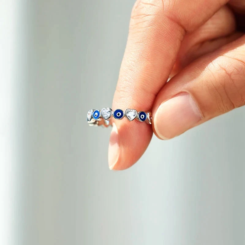Finger Ring Opening Ring Zircon Crystal Ring Lucky Turkish Blue Evil Eye Zircon Open Rings for Women Vintage Colorful Enamel Love Heart Demon Eyes Party Jewelry