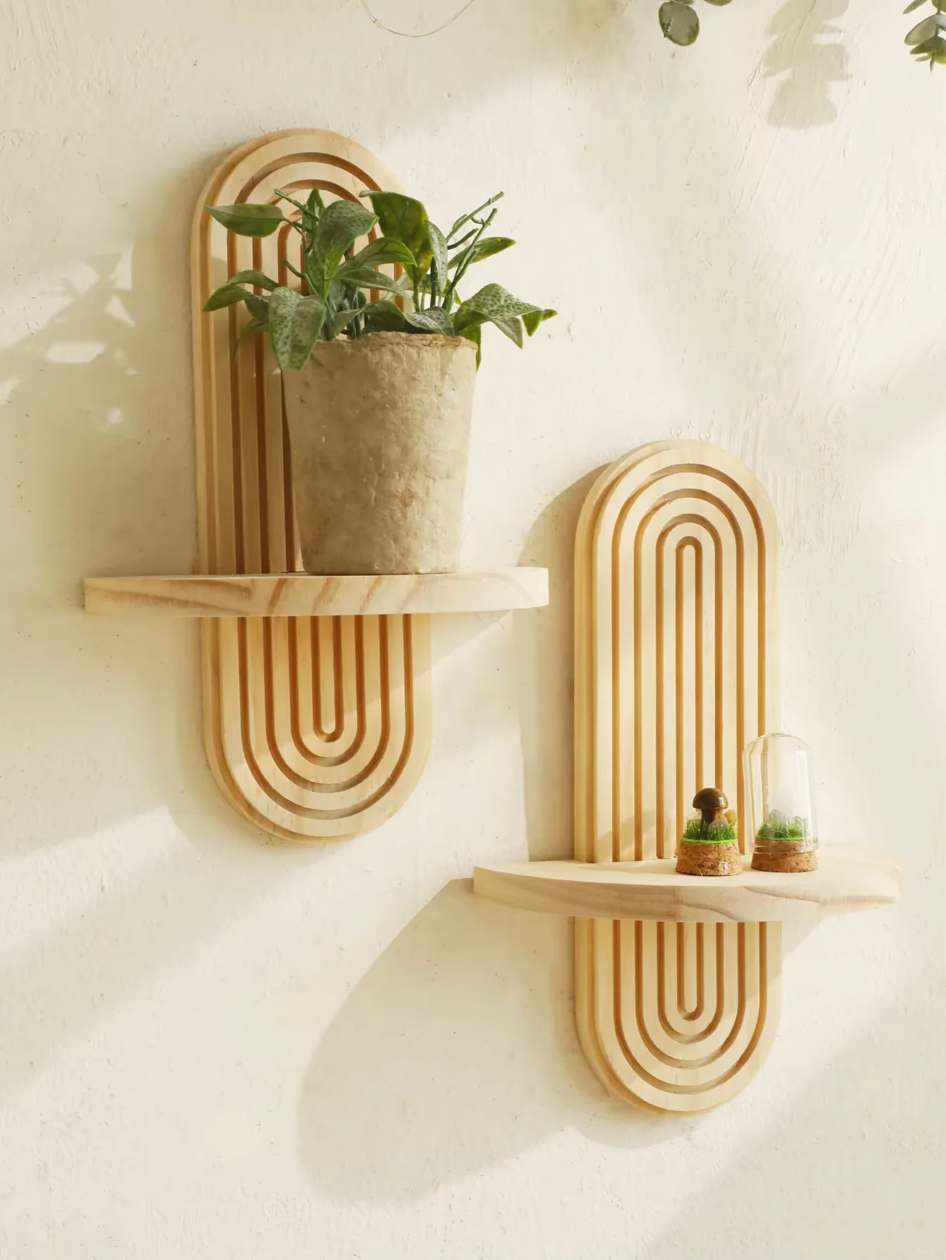 Boho Chic Geometric Wall Shelf - Natural Wood Finish, Modern Home Decor Accent