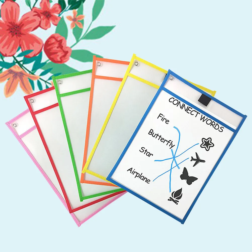 6Pcs 자동차 바느질용 드라이 이레이즈 포켓 재사용 가능한 PVC 투명 양면 파일 슬리브 학교 사무실용 마커 홀더 방수