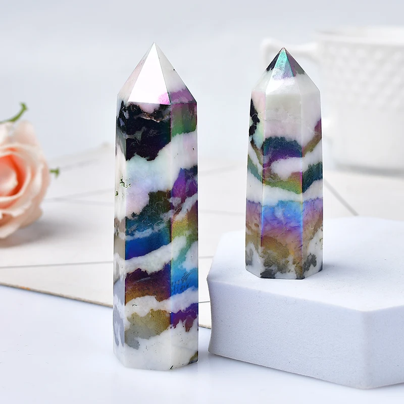 Natural Aura Stone Crystal Point Healing Obelisk Black and White Zebra Quartz Wand Home Decor Pyramid Ornament