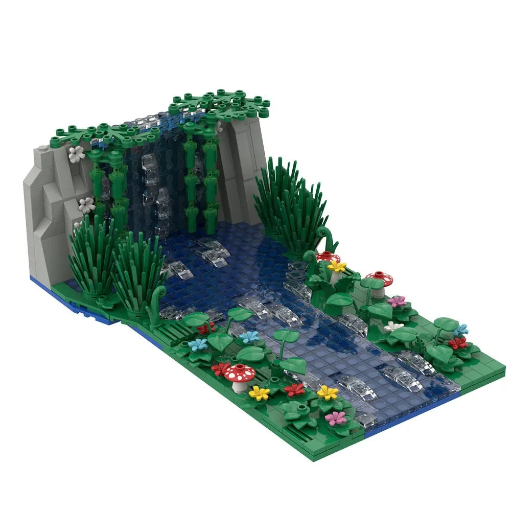 647pcs Waterfall Scene Moc Building Blocks Set Creative Pond Flower Mushroom Small Particle Assembled Bricks Model Kids Toy Gift