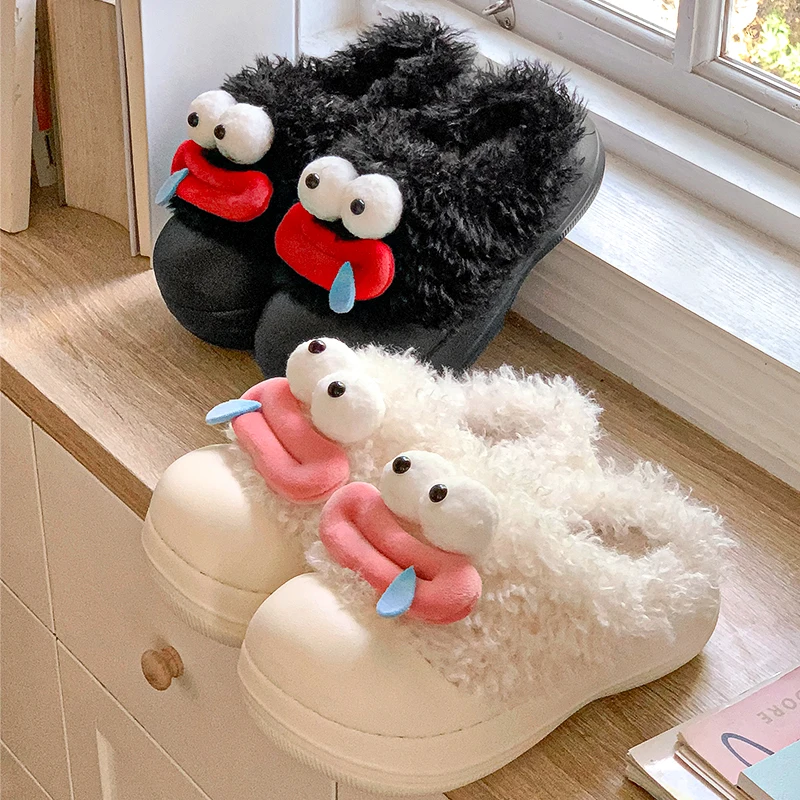 Funny Cartoon Plush Cotton Slippers Women Cute Indoor Keep Warm Non Slip Home Slippers Woman Thick Sole Closed Toe Fur Slides