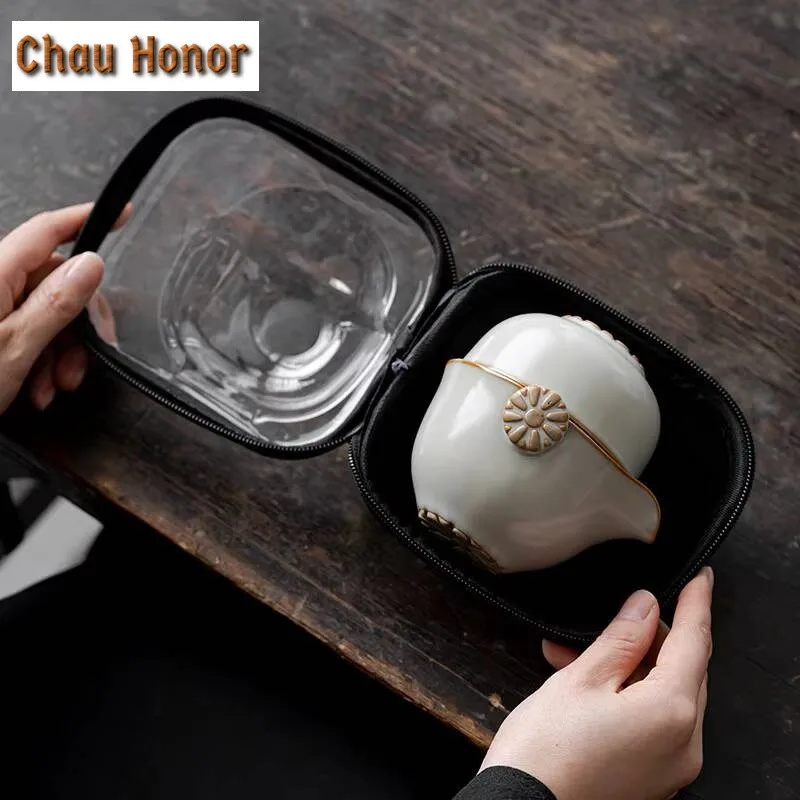 Retro Azure Ru Kiln Porcelain Tea Set Kit Ancient 1 Pot 3 Cups Tea Brewing Camping Handbag Chinese Tea Set Equipment Collection