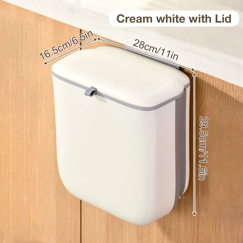 سلة مهملات مطبخ قابلة للطي مزودة بغطاء، معلقة، مثب...