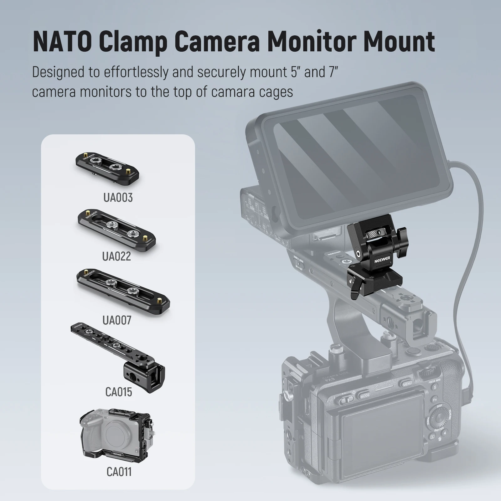 Description Picture 3 of itemNEEWER DSLR Camera Clamp Adjustable Monitor Mount with Cold Shoe Anti Twist 1/4" Screw for Monitor Flash Light DIY Attachment
