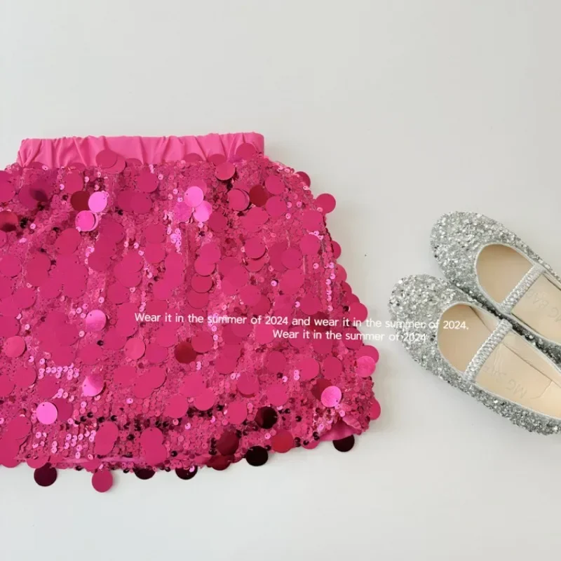 Fashion Baby Girls Silver Sequin Skirt Kawaii Blingbling Princess Christmas Birthday Party Pink Skirt 1-7y