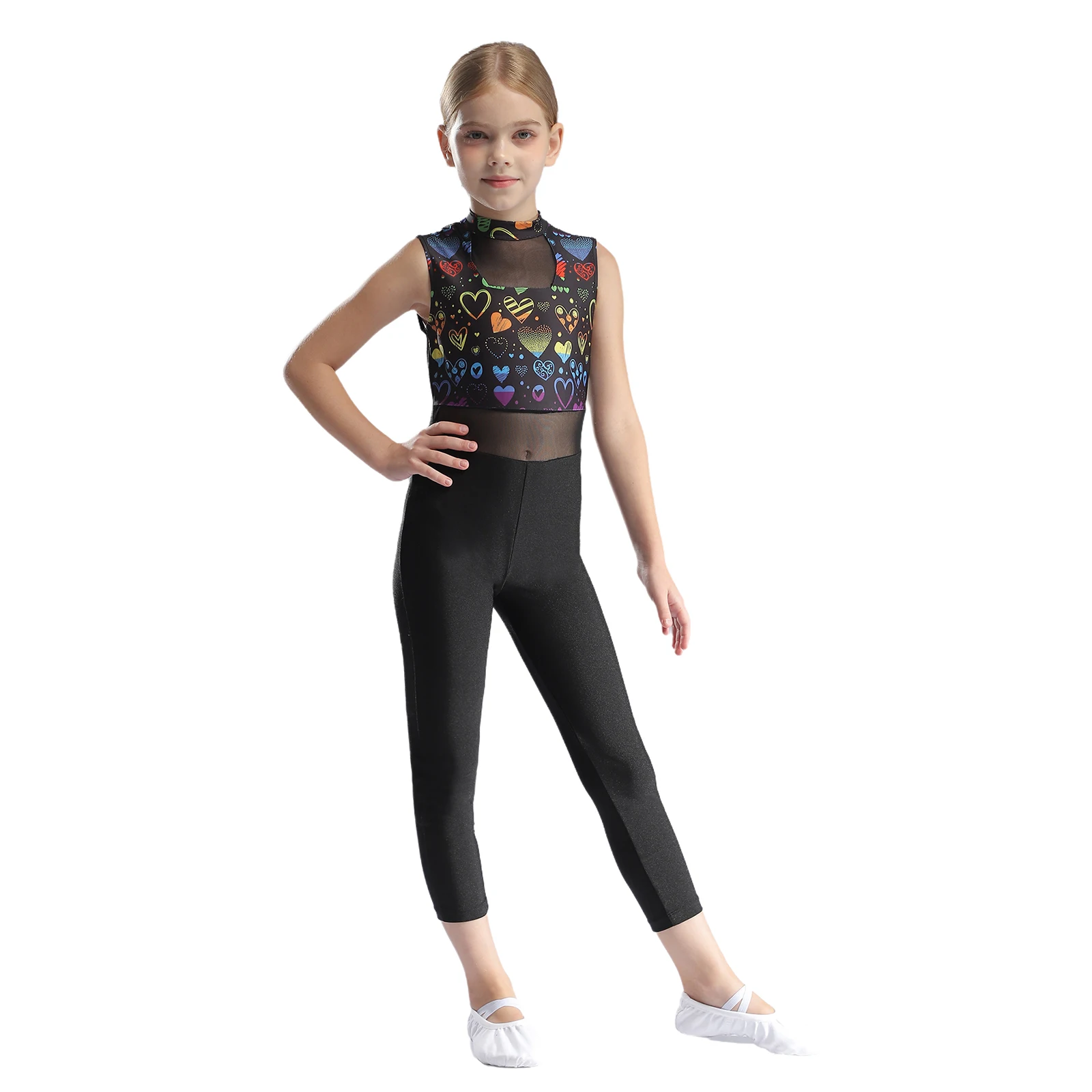 Kids Girls Sleeveless Rhythmic Gymnastics Leotard Athletic Jumpsuit Sheer Patchwork Dancewear Ballet Skating Gymnastic Unitards