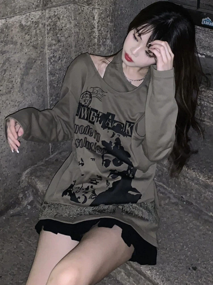 

HOUZHOU Harajuku Vintage Streetwear Sweatshirts Women Loose Causal Aesthetic Chic Tassel Long Sleeve Pullovers Y2k Off Shoulder