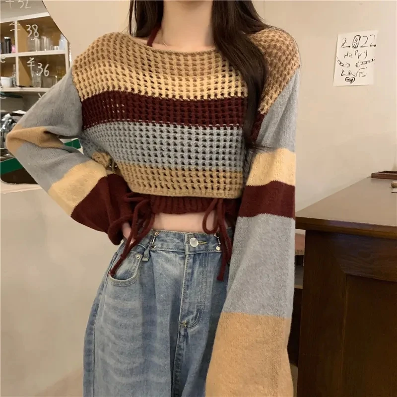 

Yasuk Autumn Female Casual Pullover Women Gentle Simple Soft Knitted Sweater Solid Strap Hollow Out Smocked Vest 2Pcs