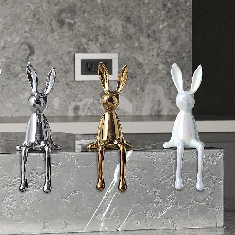 

2024 Modern luxury electroplating silver rabbit ornaments porch wine cabinet living room home crafts room soft ceramic ornaments