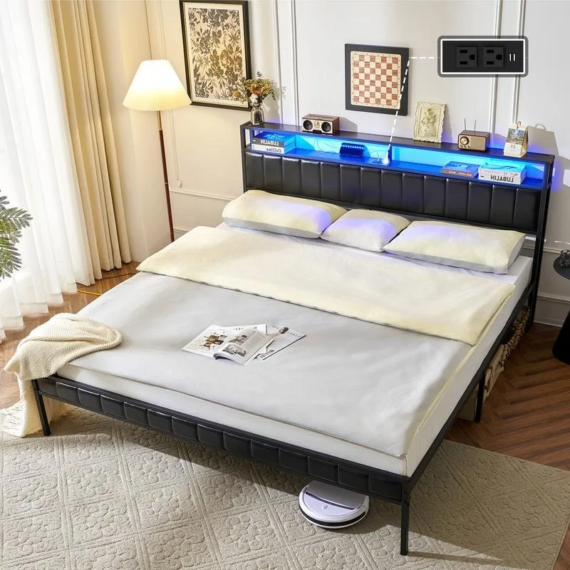 

Platform Bed Frame, LED Bed Frame with PU Leather & Charging Station, 2-Tier Storage Headboard/No Box Spring Needed/Noise Free