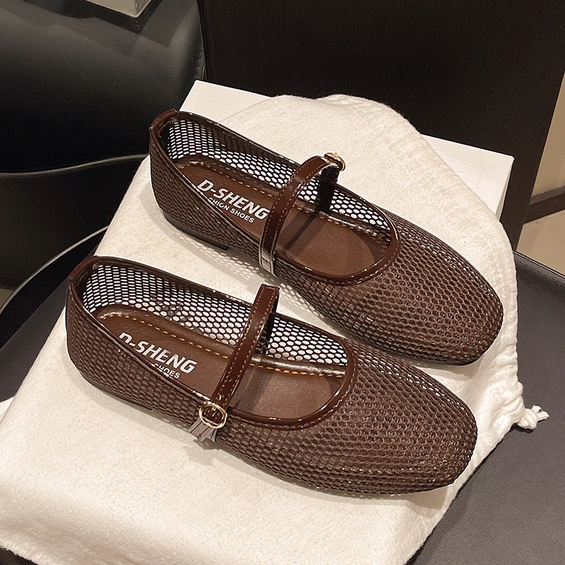 Women Mesh Ballet Flats Fishnet Ballerina Flats Buckle Strap