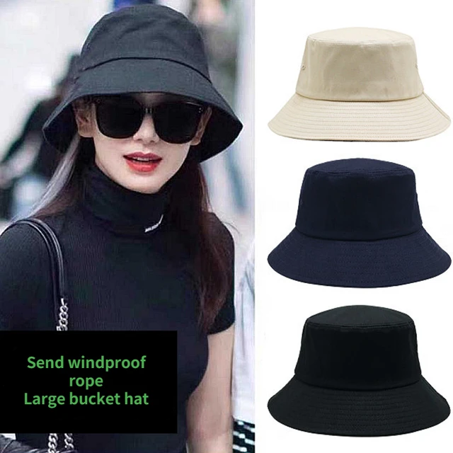  - Women Large Size Sun Bucket Hat Men Big Head Sun Protection Fisherman Cap Black Beige Cotton Plus Size Panama 57-60cm 60-63cm