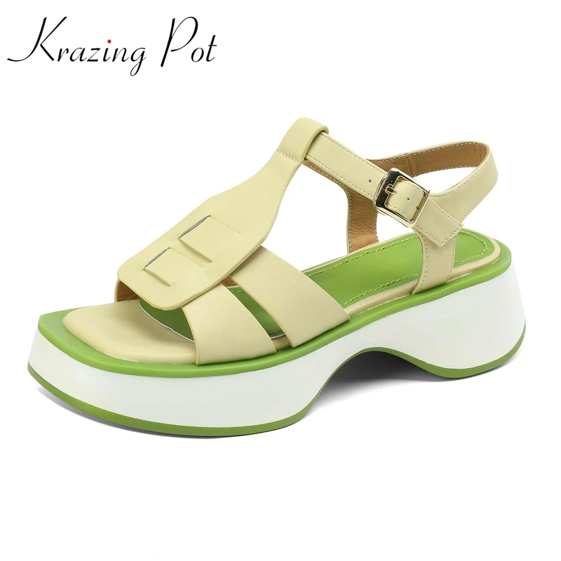 

Krazing Pot Cow Split Leather Peep Toe High Heel Platform Mixed Color Summer Shoes Leisure Fashion Cozy Basic Women Sandals L03