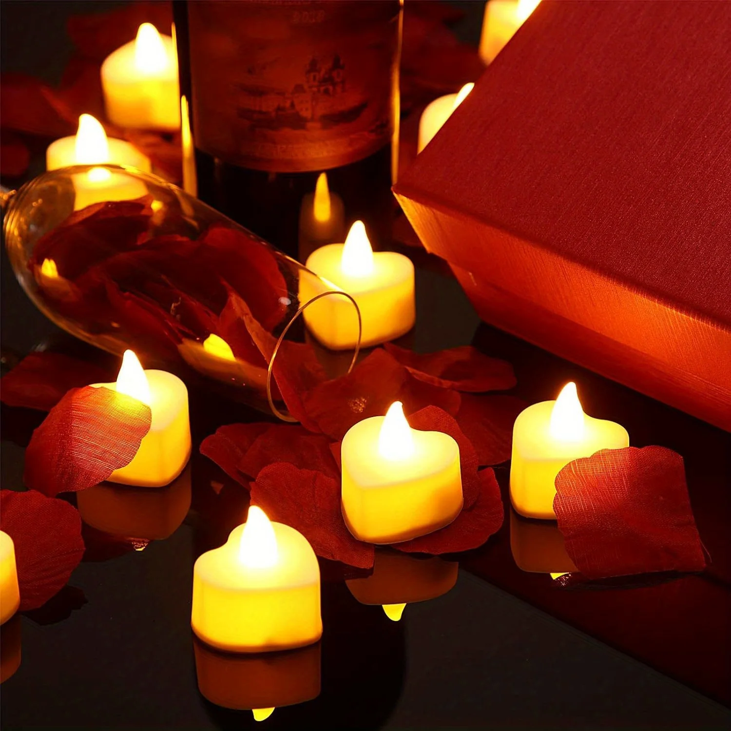 12 Pcs Flameless Romantic LED Candles with 1000 Pcs Artificial Rose Petals for Wedding Anniversary Decor