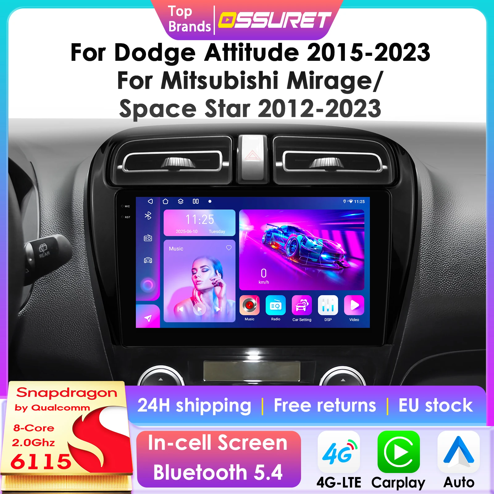 Radio samochodowe CarPlay Android Auto dla Mitsubishi Mirage Attrage Space Star Dodge Attitude 2012-2023, inteligentne systemy GPS 4G DSP