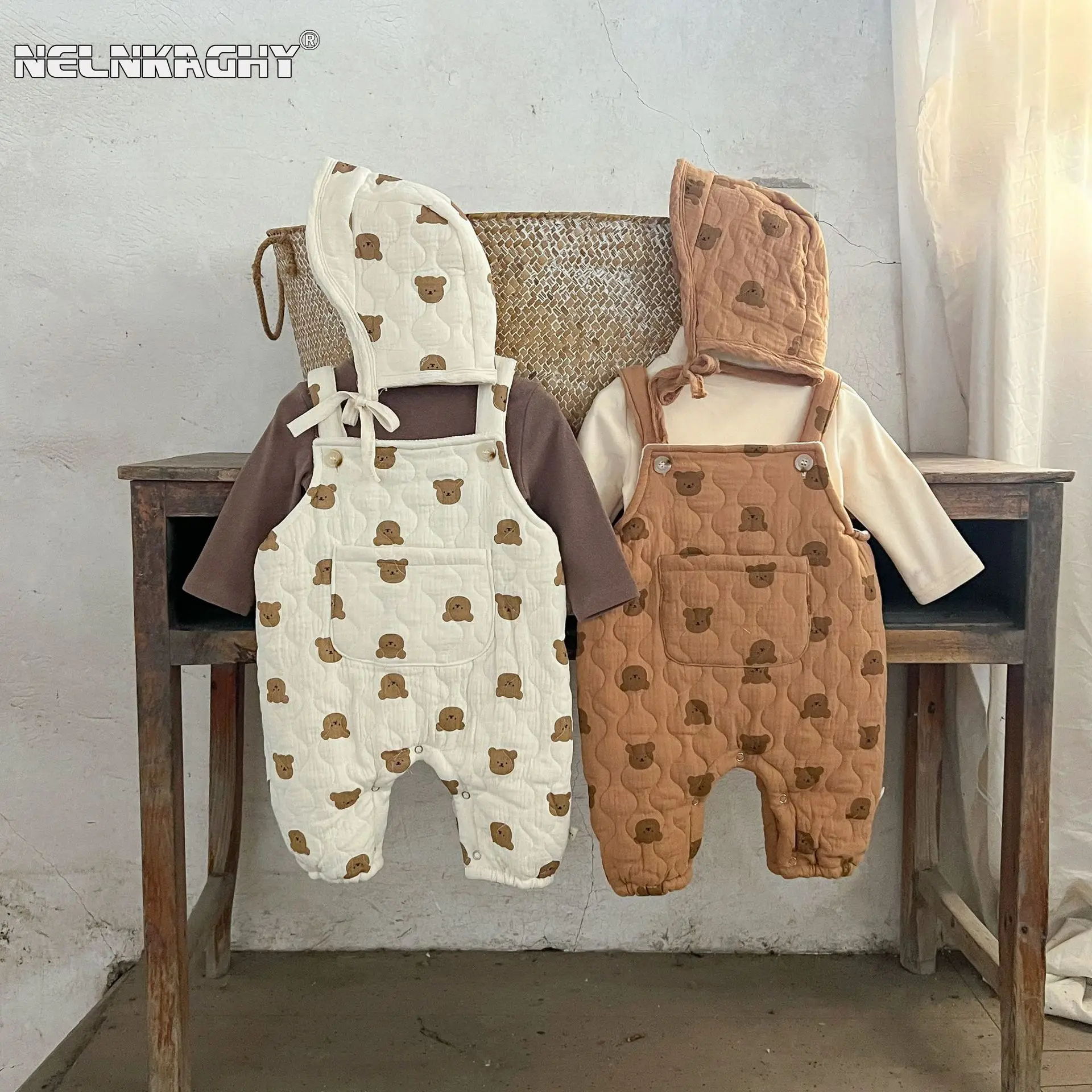 

Newborn Baby Girls Boys Cartoon Bear Overalls - Infant Kids Thick Quilted Warm Outwear Jumpsuits ,winter New in Romper