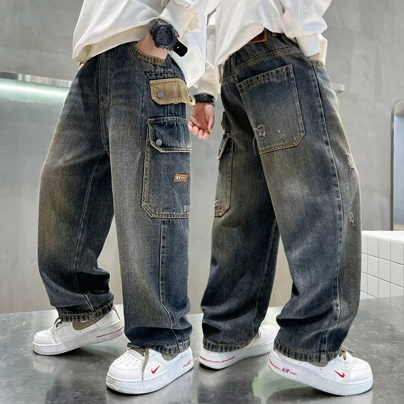 Korean Boys' Jeans Version Of Boys Wide Leg Pants Boys' Jeans Children's Side Pockets Kid Denim Cargo Pants - Image 3