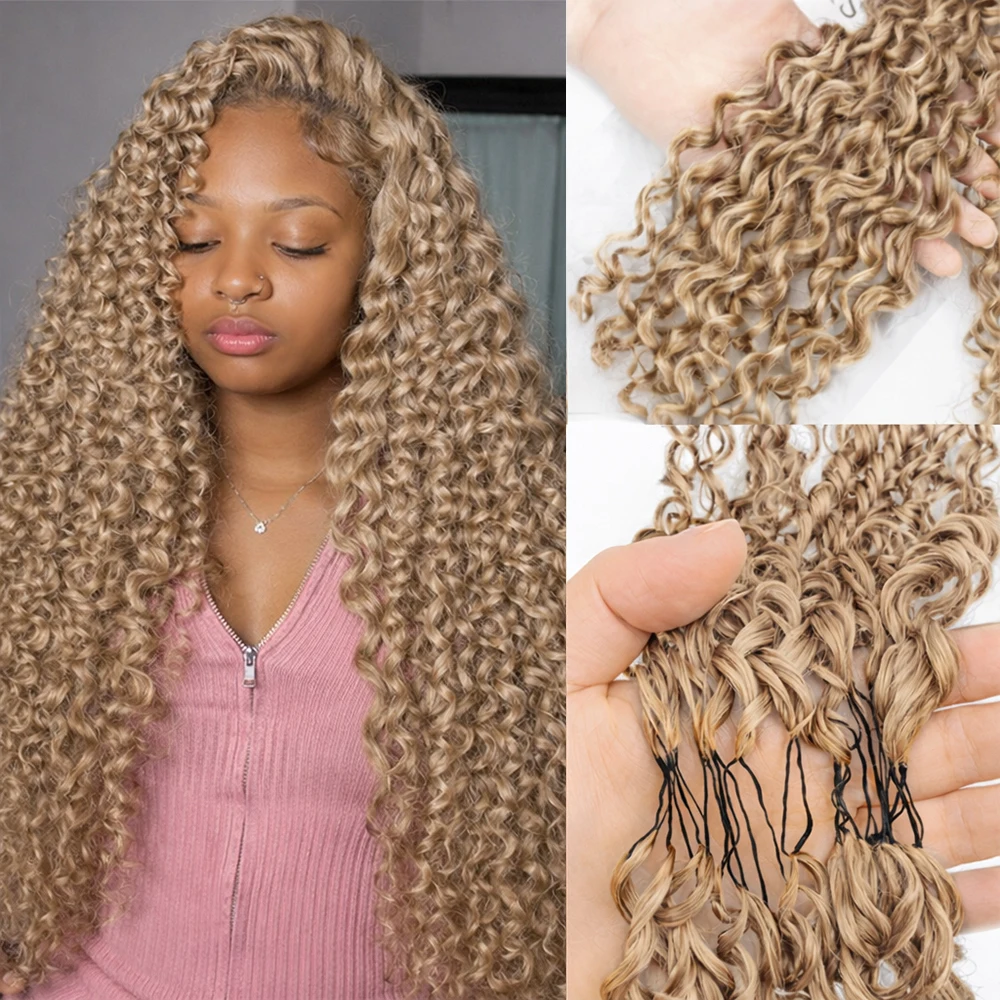 Honey Blonde Burmese Curly Crochet Human Hair Color #27 Deep Wave Pre-Separated Feather Crochet Hair Extensions Braids For Women 1