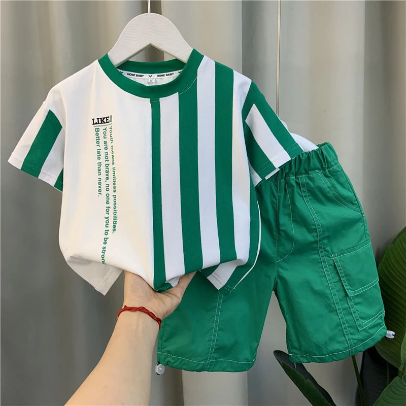 

2023 New Korean Fashion Summer Suits for Boy Hip Pop Patchwork Sports Chic Loose Casual Hipster Street Stripe Children's Clothes