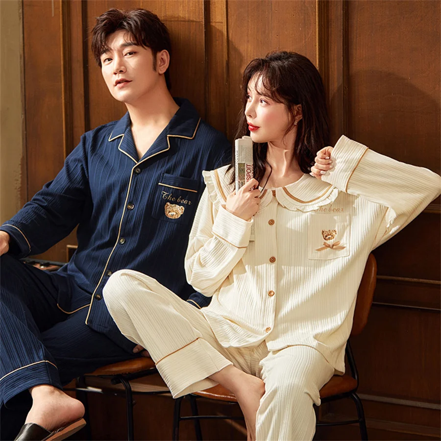 Autumn Winter Couple Pajamas Set Men Long Sleeve Tops and Pants Home Clothes Women Casual Sleepwear 2 Piece Loungewear