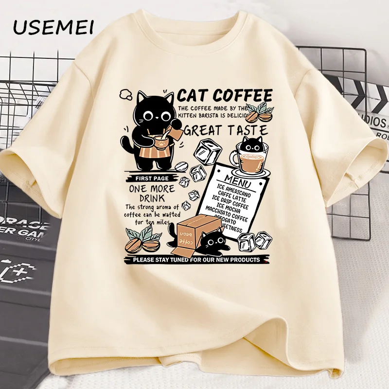 Lustige Katze machen Kaffee Print T-Shirt für Männer Frauen T-Shirt Sommer lose Baumwolle Kurzarm trendige Y2k Tops Herren Designer Kleidung