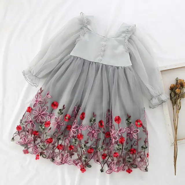 Spring Girls Princess Dress Long Sleeve Children Clothing Floral Sweet Family Party Wear Tulle Baby Girls Dress Vestidos 3-14Y db-gray