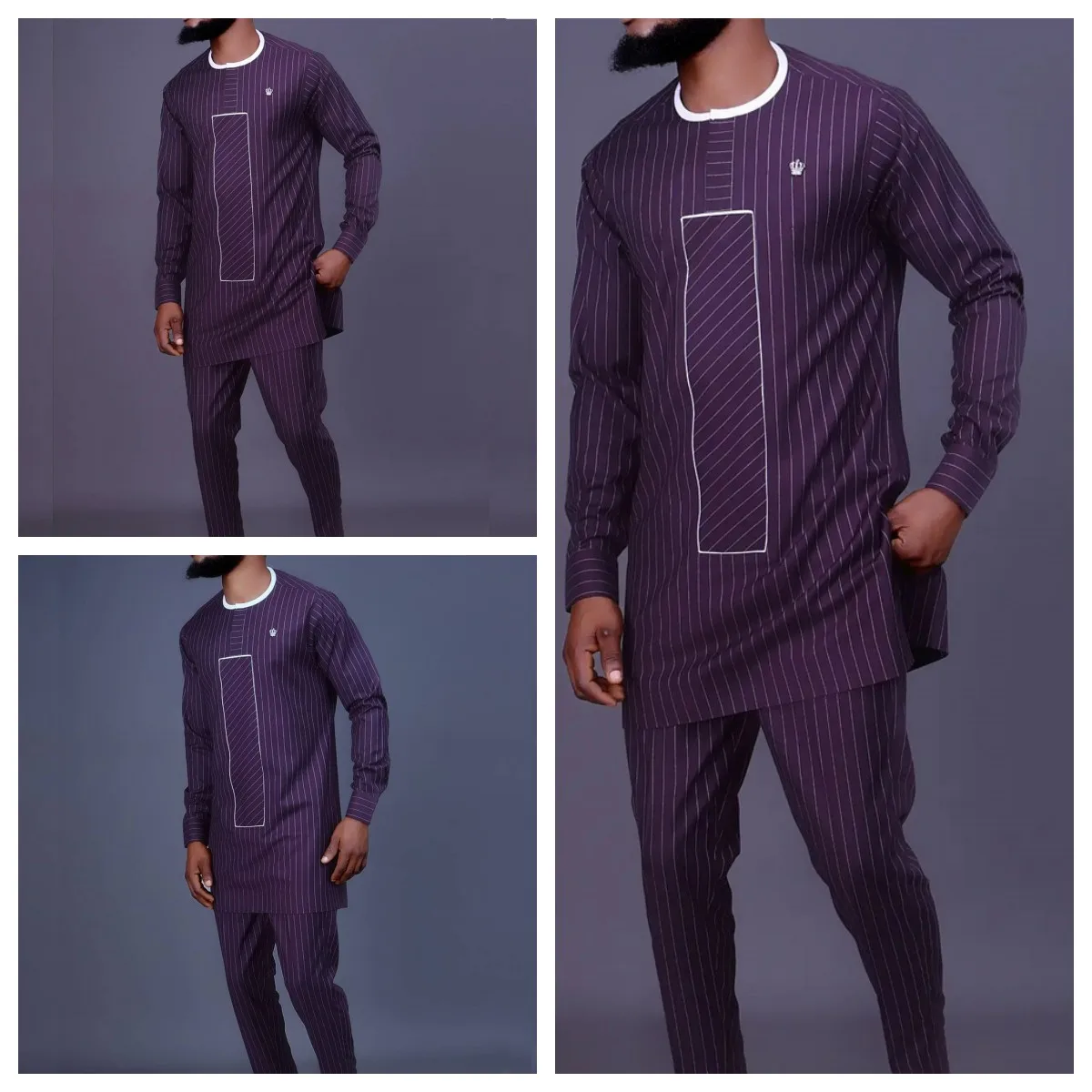 Men's Dashiki Crew Neck Long Sleeve Shirt Striped Pants Set Men's 2 Piece Suit Traditional Men's T-Shirt Men's Pants New Suit