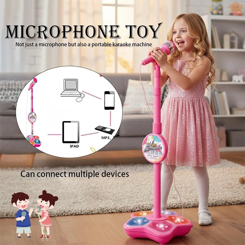 Microfone infantil genérico com suporte, máquina de karaokê, microfone infantil para meninas, brinquedo musical para cantar e se divertir com efeitos sonoros._voghion.com