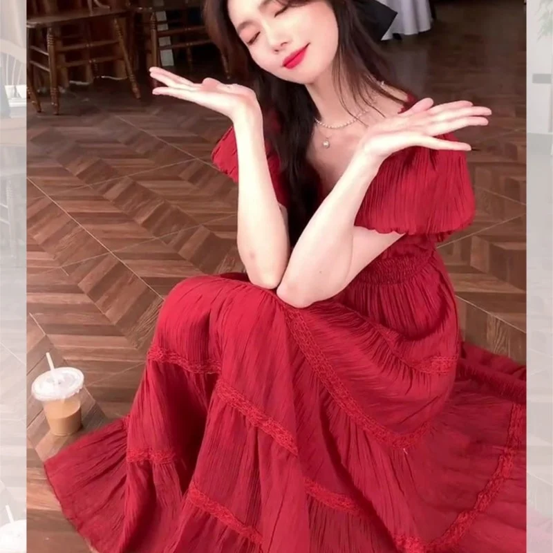 

Mori Style Design Online Celebrity Puff Sleeve Red Dress