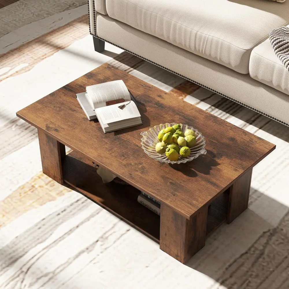 2-Tier Coffee Table, Modern Rectangular Center Cocktail Table with 5 Support Legs, Café Tables 5