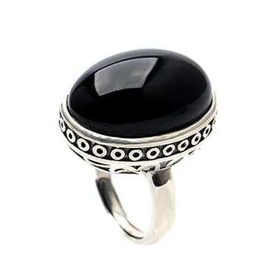 

925 sterling silver retro natural black agate ring women's ring opening